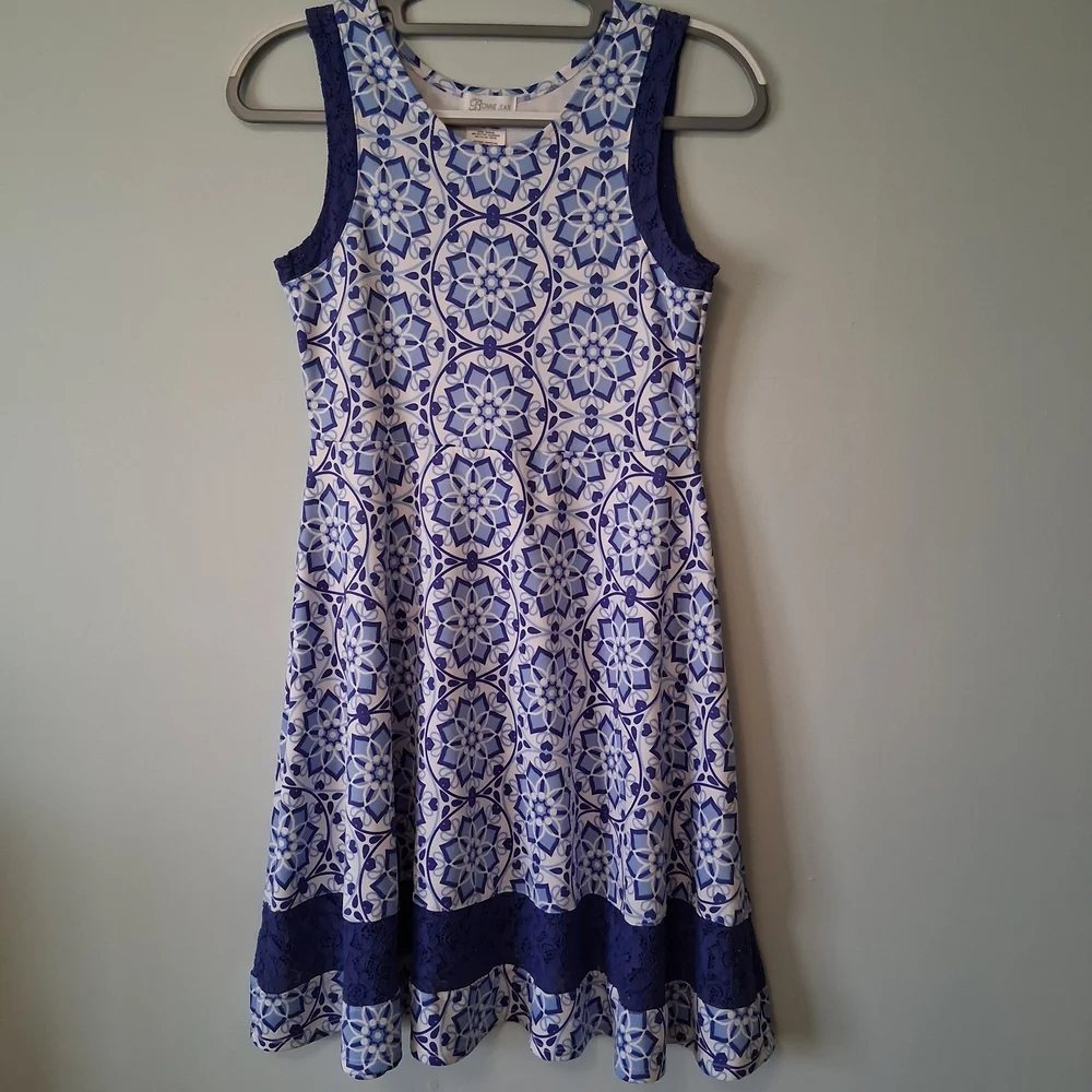 Bonnie Jean Girls Blue and White Patterned Sleeveless Dress Size 16